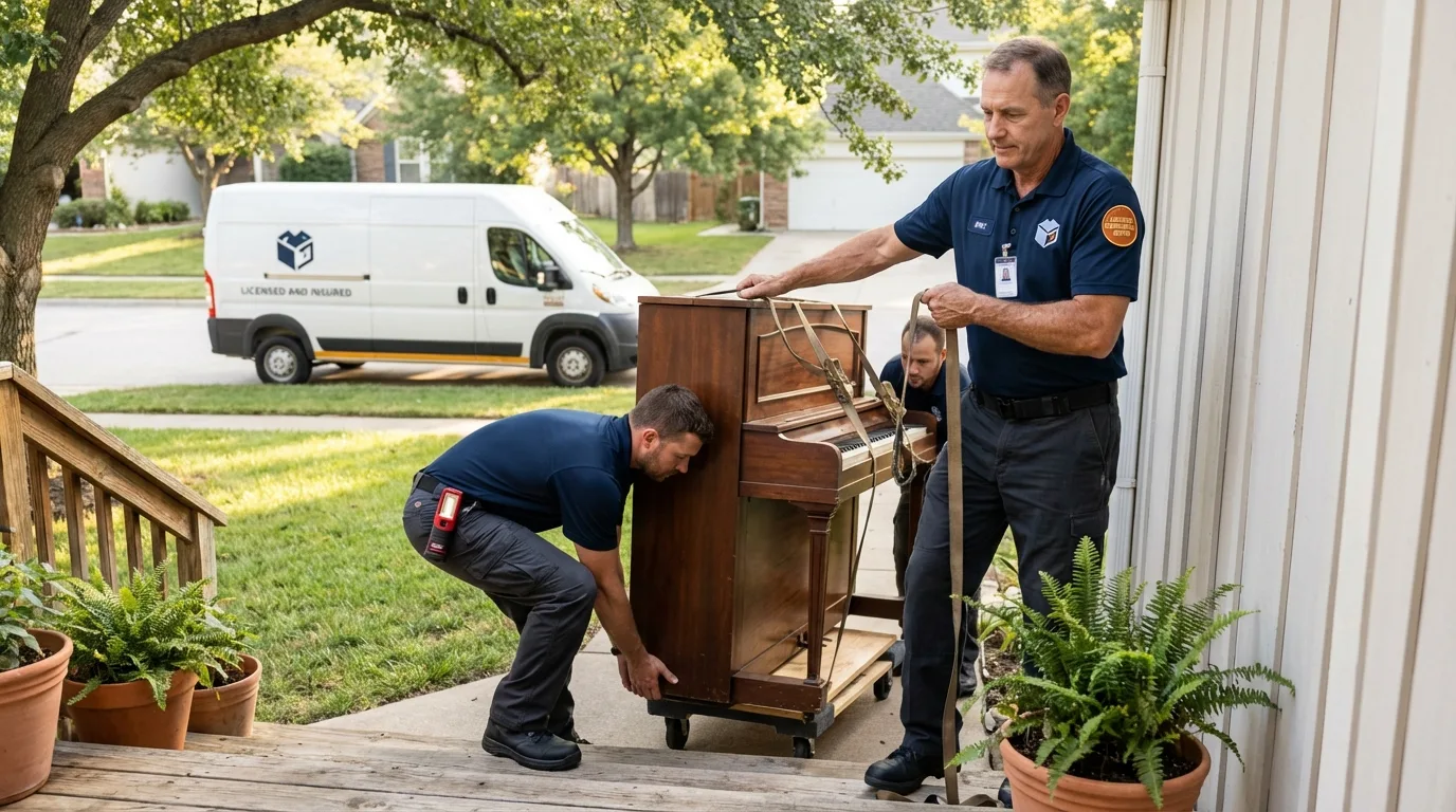 Licensed piano movers securing grand piano in Hull, MA