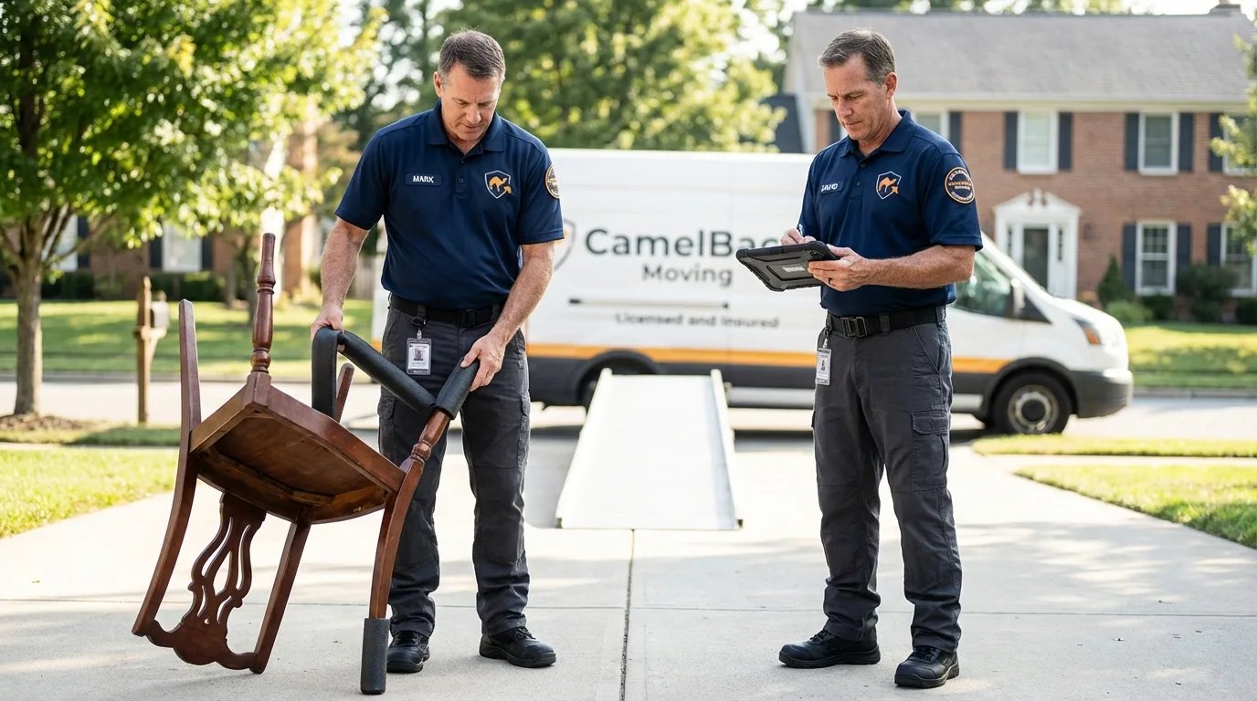 Movers inspecting furniture for damage prevention before loading in Hull, MA